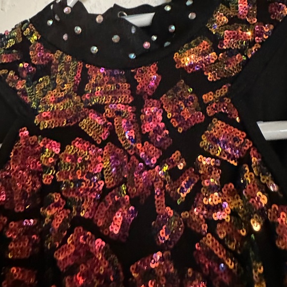 BLACK MOCK NECK BIKETARD WITH SHEER MESH AND IRIDESCENT SEQUIN DETAILING - Picture 3 of 11